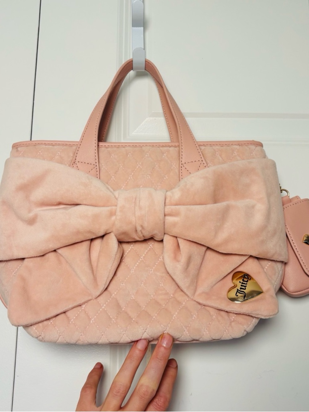 JUICY COUTURE Baby Pink Velour Quilted Bow Design Tote Handbag w/ Wallet/Pouch